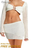 Yipinpay Womens 2Pcs Clubwear Outfit Sets Long Hollow Sleeve Crop Tops + White Long Knitted Skirt Club Streetwear New Aesthetics