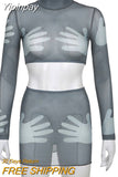 Yipinpay Palm Printed Mini Hip Skirts Suit Mesh Long Sleeve Cropped Pullover And Wrap Skirt Casual High Street Sexy Outfits