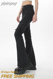 yipinpay Women's Dark Grey Vintage Flare Jeans High Waist Stretchy Self Cultivation Pants Fashion Straight Denim Trouser Ladies Summer