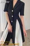 yipinpay Summer Fashion Office Ladies Dresses Notched Buttons Short Sleeve Pleated Knee-Length Dress Women Patchwork Slim Dress