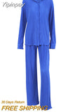 Yipinpay Pleated 2 Piece Women Pants Sets Loose Shirts And Wide Leg Long Pants Suit Ladies Outfits Fashion Office Two Piece
