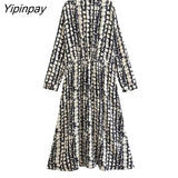 Yipinpay FashionSummer Women Printed Long Dresses 2023 New Elegant Single Breasted Dresses A-line Long Sleeve Mid-Calf Vestidos