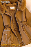 Yipinpay Parkas Women Outwear Hooded Hairy Collar Thick Warm Cotton Clothes Korean Fall Winter Jacket Drawstring Zipper Lady Coat