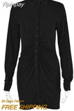 Yipinpay Mo Autumn Ruched Long Sleeve Bodycon Dress Women Turn-Down Collar Sexy Mini Dress Female Button Slim Party Vestidos 2023