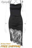 Yipinpay Black Stitching Lace Backless Dress Women Back Bandage Sexy Nightwear Dress Female Spaghetti Strap Hot Midi Party Vestido