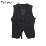Yipinpay Women Fashion Spring Blazer Vest Pants Sets 2023 Casual Short Single Breasted Top Elastic Waist Zipper Pants Outwear