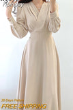 Yipinpay Women V-neck High Waist Dress Solid Elegant Luxury Long Midi A Line Dress Female Kpop Style Retro Ladies Vestidos