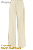Yipinpay Beige Pleated High Waist Pants Pockets Office Ladies Wide Legs Pants Womens Casual Loose Work Trousers Summer 2023