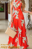 Yipinpay Women Elegant Tank Round Neck Backless Sleeveness All Over Print with Floral Pattern Wide Leg Working Jumpsuits