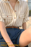 Yipinpay Mujer De Moda 2023 Cargo Office Lady Vintage Blouse Lapel Vertical Stripe Shirt Short Sleeved Loose Casual Top Y2k Grunge