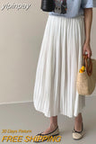 yipinpay Summer Pleated Midi Skirt Women Solid Color Elegant Lining A-line Long Faldas Female Slim Chic Cute High Waist Skirts