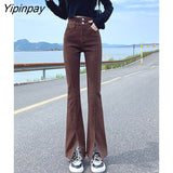 Yipinpay High Waist Vintage Elastic Split Jean Femme Casual Slim Autumn Winter Denim Flare Pants Brown Women Jeans