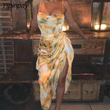 Yipinpay Print Spaghetti Strap High Slit Ruched Dress