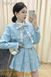 Yipinpay New Ribbon Shirt Short Coat High Waist Pleated Skirt Chic Tweed Jacket 3 Piece Sets 2023 Autumn Winter Skirt Sets Top