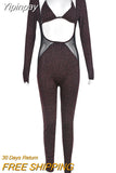 Yipinpay Low Cut Long Sleeve Glitter Jumpsuits Women Mesh Patchwork Camisole One Piece Rompers 2023 Summer Fairy Gunge Clothes 920