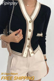 Yipinpay Neck Knitted Cropped Cardigan Contrast Single Breasted Striped Sweater Korean Fashion Cardigan Mujer Coat Feminino Sueter