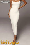 Yipinpay Ribbed Spaghetti Strap Cotton Dress Women Sleeveless O-Neck Summer Dress Solid Backless Long Party Dress