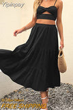 Yipinpay Womens Summer Skirt Boho Elastic Waist Pleated A-Line Flowy Layered Long Beach Skirt With Pockets Casual Street Style S-XL