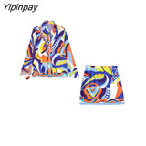 Yipinpay 2023 Summer Women 2PCS Print Blouses+Skirts Set New Turn Down Collar Long Sleeve Tops High Waist Dress Girl Outfits