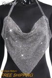 Yipinpay Sparkly Rhinestones Glitters Halter Crop Tank Tops Sexy Women Backless Chains Linked Sleeveless Vest Tops for Club Party