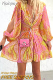 Yipinpay Print Cut Out Dress Woman Short Chiffon Dress Women 2023 Slit Boho Long Puff Sleeve Summer Dresses Beach Sexy Party Dresses
