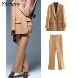 Yipinpay New Women Elegant Blazer Suit Sets 2023 Autumn Winter 2Pcs Single Breasted Office Outfits Zipper Long Trousers Outwear