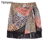 Yipinpay Fashion Women With Tassel Mini Skirts 2023 Summer Vintage High Waist Bow Tied Draped Zipper Female Skirts Mujer
