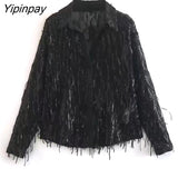 Yipinpay Spring Autumn Women Tassels Sequined Shirts Pant Sets 2023 Causal Single Breasted Top Elastic Waist Pants Outwear