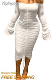 Yipinpay Dress Fall Winter Clothes 2023 Off Shoulder Sexy Bodycon Long Sleeve Ruched Sheath Dress with Drawstring Prom Night Club