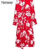 Yipinpay Spring Summer Women Floral Printed Dresses 2023 Fashion Ladies O-neck Party Mid-Calf Dresses A-line Long Sleeve Vestidos