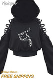 Yipinpay Fashion Printing Sweatshirt Spring Fall 2023 Hoodies Casual Bandage Hollow Out Long Sleeve Exposed Navel Hooded Crop Tops