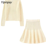 Yipinpay Soft Solid Knitted Sweater Skirt Set 2023 Vintage Warm Turtleneck Knitting Tops Casual Elegant Mini A-Line Skirt Lady Suit