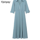 Yipinpay 2023 Women Solid Pleated Shirt Dresses Summer Elegant Turn Down Collar Mid-Calf Dresses A-line Long Sleeve Vestidos