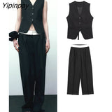 Yipinpay Women Fashion Spring Blazer Vest Pants Sets 2023 Casual Short Single Breasted Top Elastic Waist Zipper Pants Outwear