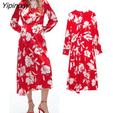 Yipinpay Spring Summer Women Floral Printed Dresses 2023 Fashion Ladies O-neck Party Mid-Calf Dresses A-line Long Sleeve Vestidos