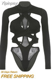 Yipinpay Women Slim Sexy Hollow Out Bodysuit Jumpsuit Autumn Long Sleeve High Neck Sheer Mesh Irregular Cutout Bodysuit for Party Club