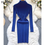 Yipinpay Full Sleeve Slim Knitted Pencil Dress Female Casual Pullover Turtleneck Sweater Bodycon Dress Ladies Autumn Winter