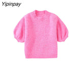Yipinpay Ladies Autumn Solid Knitted Soft Sweater 2023 Fashion O-neck Pullover Tops Short Sleeve Pink And Yellow Casual Streetwear
