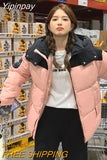 Yipinpay Patchwork Hooded Down Cotton Coat Women Fashion Big Pocket Zipper Long Sleeve Outwear Parka Thick Warm Harajuku Jacket