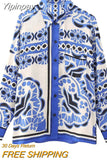 Yipinpay Women Pants Sets Blue Print Wide Leg Pants Women 2023 Mid-Waist Pyjama Woman Trousers Split Summer Casual Baggy Pants