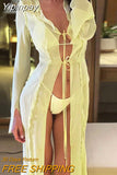 Yipinpay Women See Through Lace Up Mesh Dress Elegant Flare Sleeve Bandage Midi Dresses Ladies Beach Vacation Party Vestidos