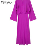 Yipinpay Elegant Women Solid Mid-Calf Dresses 2023 New Summer Fashion Deep V-neck A-line Long Sleeve Vestidos