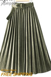 yipinpay Autumn Winter Skirt Women With Belt Long Metallic Silver Maxi Pleated Skirt Midi High Waist Fashion Vintage Saia Party