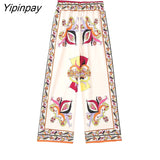 Yipinpay 2023 Spring Autumn Floral Print Pants Sets Causal Fashion Long Sleeved Blouses+Wide Leg Pants Street Casual Outwear