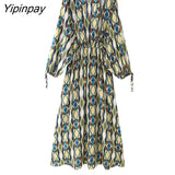 Yipinpay Summer Women Geometric Printed Long Dresses 2023 New Elegant V-neck Beach Style Dress A-line Long Sleeve Mid-Calf Vestidos