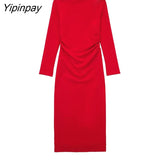 Yipinpay New Autumn Women Elegant Long Dresses 2023 Female Fashion Asymmetrical Collar Vestidos Long Sleeve Soft Pullovers