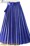 yipinpay Autumn Winter Skirt Women With Belt Long Metallic Silver Maxi Pleated Skirt Midi High Waist Fashion Vintage Saia Party