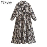 Yipinpay New Women Summer Print Dress Vintage Female Party Mid-Calf Geometric Loose Vestidos Half Sleeve High Waist Vestidos Mujer
