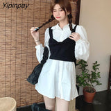 Yipinpay Autumn Women Clothing Solid Cute Dress Sets 2 Pieces Tunic Camisole + Dress Sweet Puff Sleeve for Girl