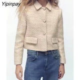 Yipinpay Women Plaid Blazer Coat 2023 Autumn Fashion Office Outfits Long Sleeve Flap Pockets Female Chic Street Outerwear